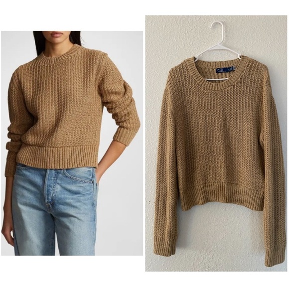 Polo Ralph Lauren Sweaters - Polo Ralph Lauren Openwork Cotton-Blend Women's Tan Camel Crew Neck Sweater